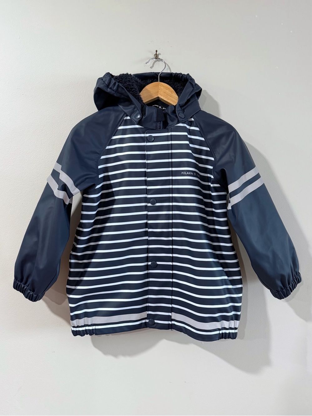 Polarn O Pyret Kids 4-6 Navy Striped Fleece Lined Hooded Rain Jacket Gorpcore